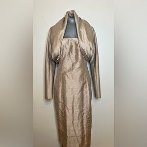 Lafayette 148 bronze beige, raw silk strapless midi dress with jacket size 8